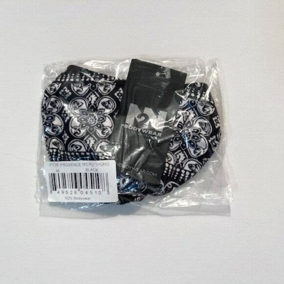 N2N Bodywear Size “M” Provence T-Back Thong- Black/White Batik Design - Picture 10 of 13